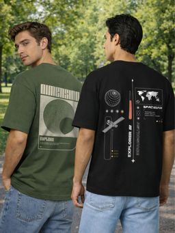 Nobero - Multi-Color Men Oversized Fit Graphic Printed T-Shirt (Pack of 2)