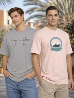 Nobero - Multi-Color Men Oversized Fit Half Sleeve Graphic Printed T-Shirt (Pack of 2)