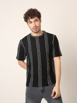 BLNK - Black Vertical Stripe Textured Casual T-Shirt