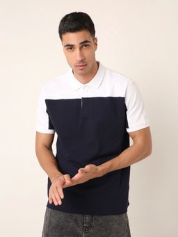 BLNK - Men Navy Blue Colorblock Polo Neck Cotton Polo T-Shirt