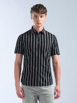Flying Machine - Men Black Cotton Stripes Shirt