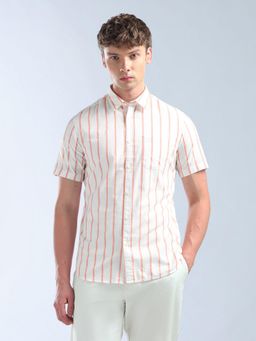 Flying Machine - Men Orange Cotton Stripes Shirt