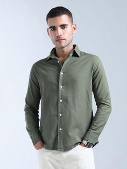 Flying Machine - Men Green Cotton Solid Shirt