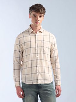Flying Machine - Men Beige Cotton Checks Shirt