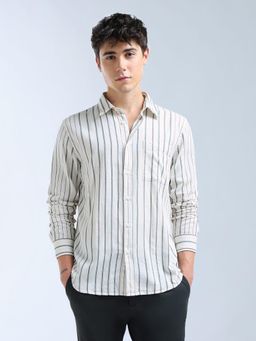 Flying Machine - Men White Cotton Stripes Shirt