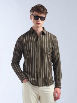 Flying Machine - Men Brown Cotton Stripes Shirt