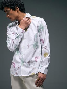 Flying Machine - Men White Cotton Floral Shirt