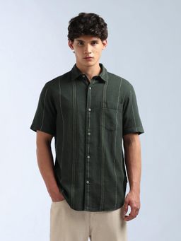 Flying Machine - Men Green Cotton Stripes Shirt
