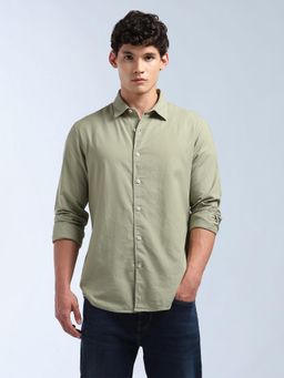 Flying Machine - Men Green Cotton Solid Shirt