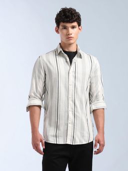 Flying Machine - Men Grey Cotton Stripes Shirt