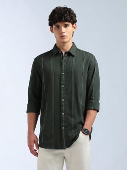 Flying Machine - Men Green Cotton Stripes Shirt