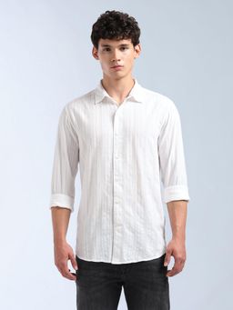 Flying Machine - Men White Cotton Stripes Shirt