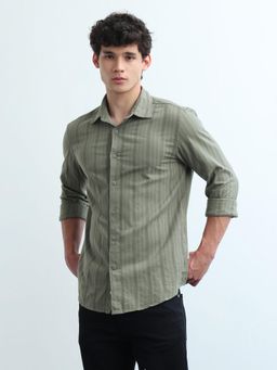 Flying Machine - Men Green Cotton Stripes Shirt