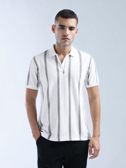 Flying Machine - White Vertical Striped Essentials Polo T-Shirt