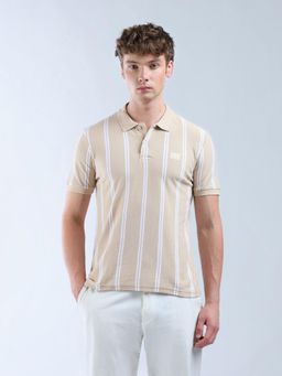 Flying Machine - Beige Vertical Striped Essentials Polo T-Shirt
