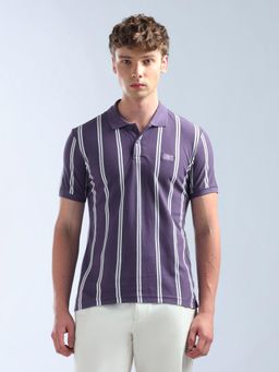 Flying Machine - Purple Vertical Striped Regular Fit Polo T-Shirt