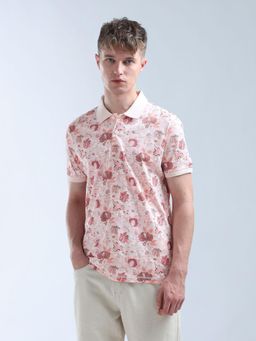 Flying Machine - Pink Floral Printed Pure Cotton Polo T-Shirt