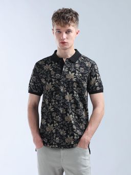 Flying Machine - Black Floral Printed Pure Cotton Polo T-Shirt