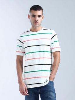 Flying Machine - White Horizontal Stripes Regular Fit T-Shirt