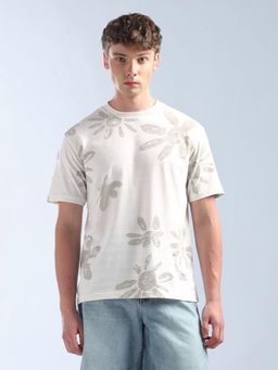 Flying Machine - White Textured Floral Printed Relaxed Fit T-Shirt