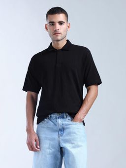 Flying Machine - Black Textured Relaxed Fit Polo T-shirt