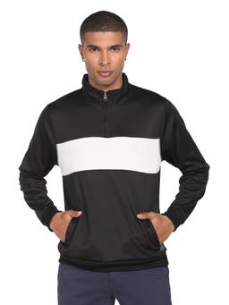 Flying Machine - Black High Neck Zip Up Polyester Sweatshirt