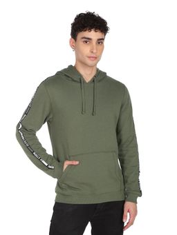Flying Machine - Green Brand Tape Solid Hooded Sweatshirt