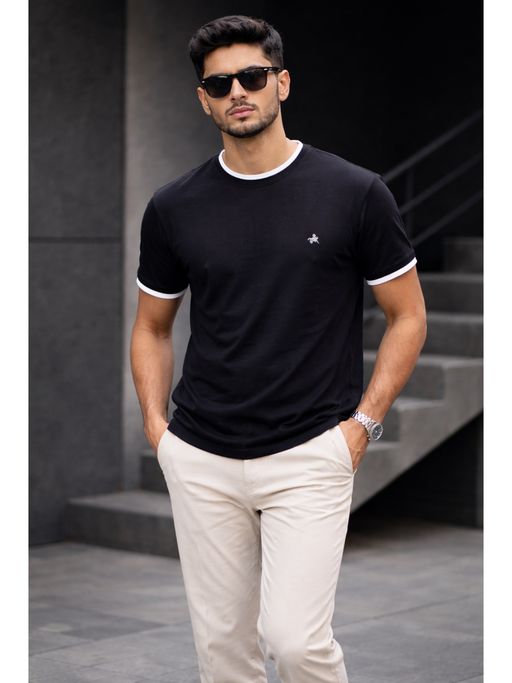 Parcel Yard Black Men Solid Cotton Round Neck Half Sleeve Regular Fit T Shirt