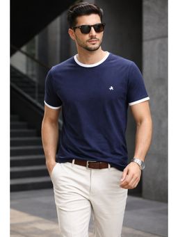 Parcel Yard - Navy Blue Men Solid Cotton Round Neck Half Sleeve Regular Fit T Shirt