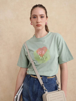 RAREISM - Clea Dusky Green Graphic Print Regular T-Shirt