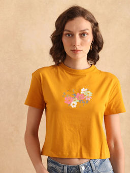 RAREISM - Zenith Dark Mustard Floral Print Crop T-Shirt