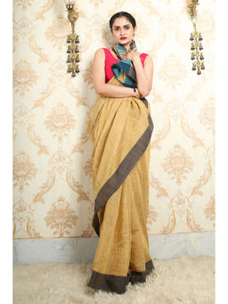 Arhi - Dark Beige Handwoven Cotton Handloom Saree with Unstitched