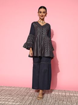 Yufta - Women Navy Blue Printed Peplum Kurta Sharara Co-Ord (Set of 2)