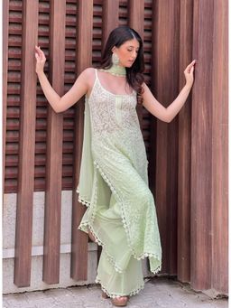 Label Aishwaryrika - Dreamy Lime Chikankari Kurta With Palazzo & Dupatta (Set of 3)