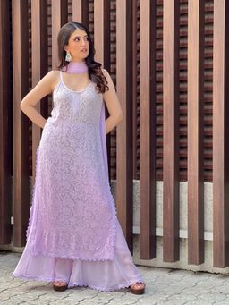 Label Aishwaryrika - Dreamy Pastel Chikankari Kurta With Palazzo & Dupatta (Set of 3)