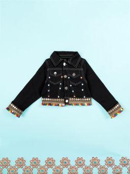 KiddoPanti - Girls Colourful Sequin Lace Crop Denim Jacket