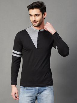 RIGO - Men Black With Contrast Detailing Henley Neck Full Sleeve Cotton T-shirt
