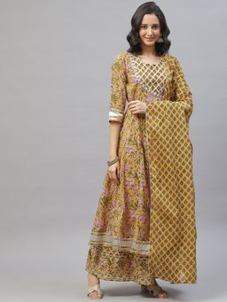 Divena - Mustard Cotton Anarkali Kurta Palazzo with Dupatta (Set of 3)