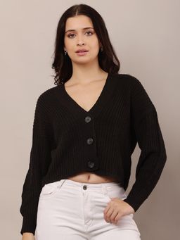 NOBARR - Women Acrylic Full Sleeve with V-Neck Black Cardigan