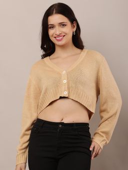 NOBARR - Women Acrylic Full Sleeve with V-Neck Beige Cardigan