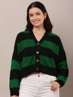 NOBARR - Women Green and Black Striped Acrylic Full Sleeves and V-Neck Cardigan