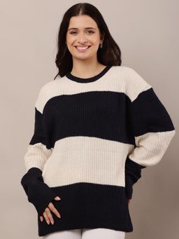 NOBARR - Women Acrylic Full Sleeve with Round Neck Dark Blue and Beige Sweater