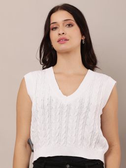NOBARR - Women Cotton Sleeveless with V-Neck Knitted White Sweater Vest