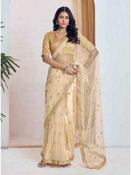 Pink Ethnic - Cream Embellished Net Saree with Unstitched Blouse
