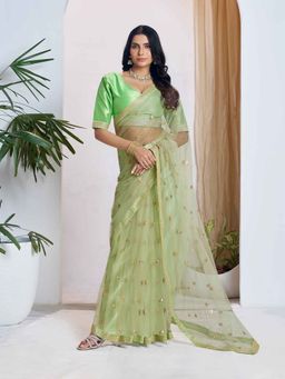 Pink Ethnic - Green Embellished Net Saree with Unstitched Blouse