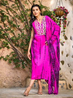 FASHOR - Purple Shibori Printed and Embroidered Kaftan Midi Dress