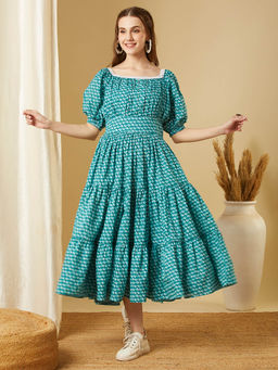 FASHOR - Sea Green Floral Printed A-Line Tiered Flared Maxi Dress