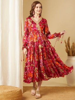 FASHOR - Red Floral Printed A-Line Pleated Dress