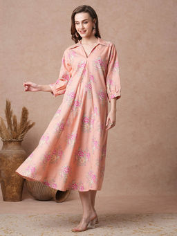 FASHOR - Peach Floral Printed A-Line Panelled Dress