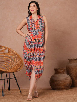 FASHOR - Printed Cowl and Pleated Dress with Belt